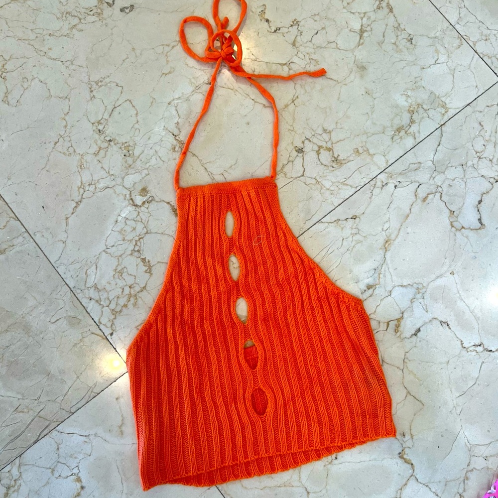 Orange sweater crop halter top
